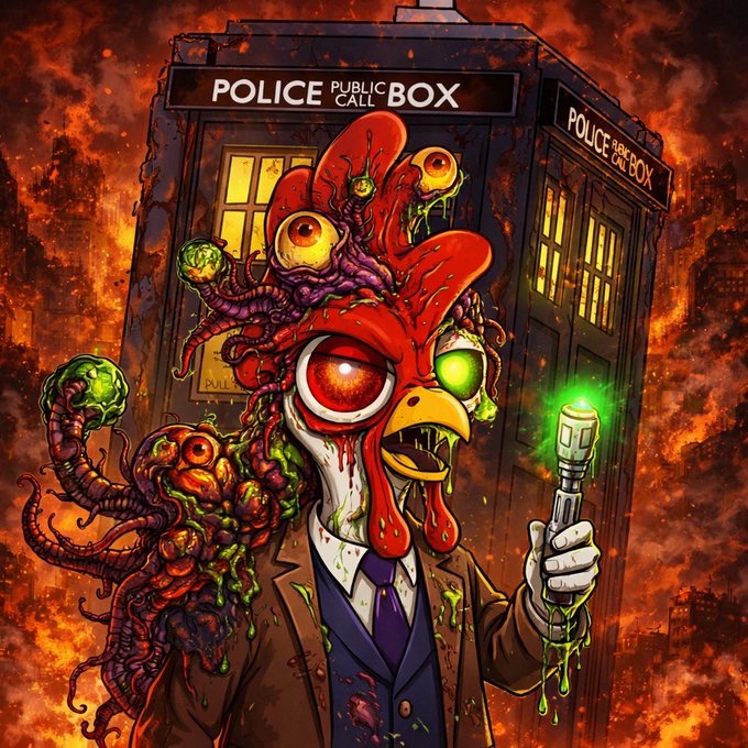 A horror-themed illustration showing a zombie-like rooster creature with exposed brains and tentacles, holding a green glowing lightsaber in front of a police box against a fiery background.