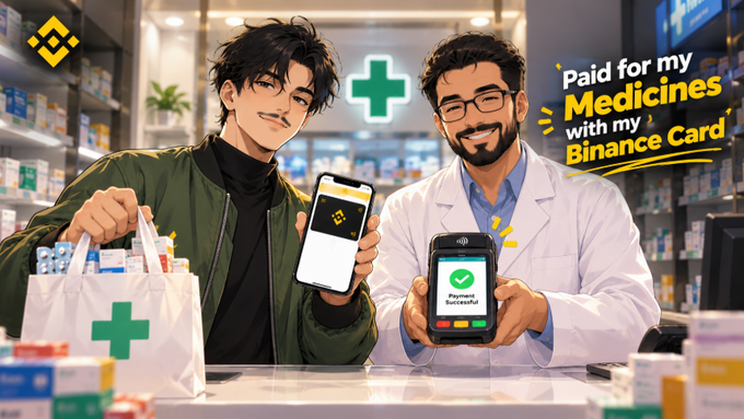 An anime-style illustration showing a customer at a pharmacy paying for medicines with his Binance Card via a smartphone, with a pharmacist showing a 'Payment Successful' confirmation. Text reads 'Paid for my Medicines with my Binance Card' with the Binance logo visible.