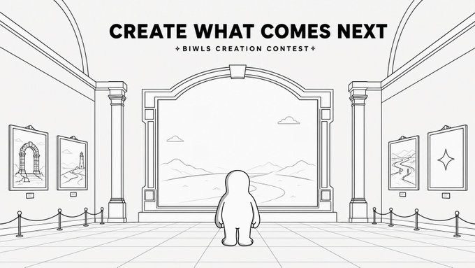 A small cartoon character stands before an empty gallery frame in a museum-like space, under the text "CREATE WHAT COMES NEXT + BIWLS CREATION CONTEST+". The image reinforces the post's message by visually inviting participants to fill the blank canvas with their own creative contributions to the BIWLS world, symbolizing the open invitation for original artwork in the contest.