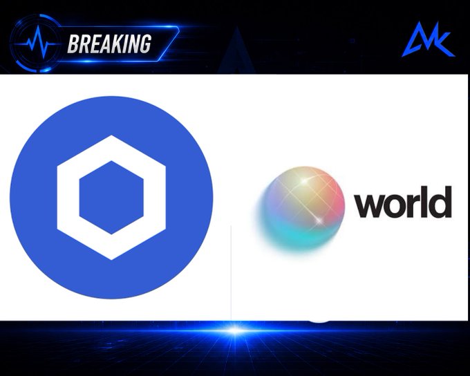 A 'Breaking' news graphic displaying the Chainlink logo next to a colorful sphere labeled 'world', with an 'MK' logo in the top right corner.
