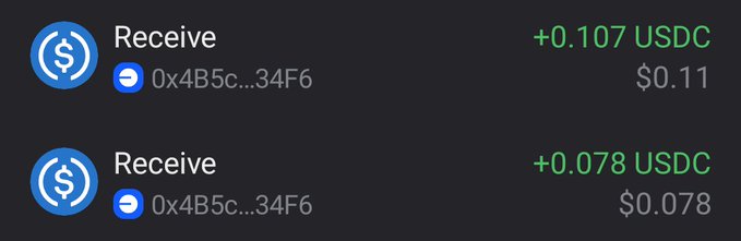 A crypto wallet transaction screen showing two USDC receive transactions (+0.107 USDC / $0.11 and +0.078 USDC / $0.078) from the same sender address 0x4B5c...34F6.