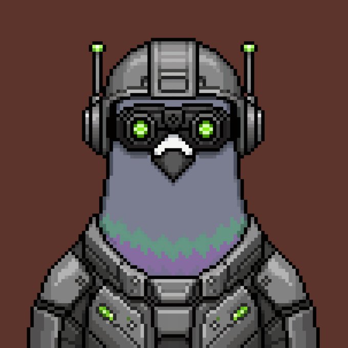 Pixel art portrait of a pigeon wearing a futuristic gray helmet with green glowing goggles and a matching armored suit.