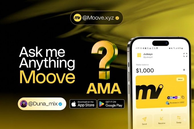 A gold and black promotional graphic for an AMA (Ask Me Anything) session hosted by @Moove.xyz with guest @Duna_mix, featuring the Moove wallet app interface showing a $1,000 balance.