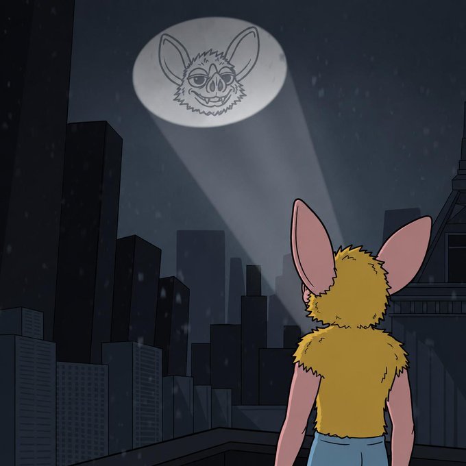 A furry bat-like figure stands on a rooftop at night, gazing up at a full moon that projects the Bat-Signal as a cartoonish, grinning version of its own face. The image humorously ties to the "hoodrat" prophecy by subverting the iconic Bat-Signal—instead of summoning a hero, the hero's own reflection is the signal, implying this character is both the caller and the answer to the prophecy.