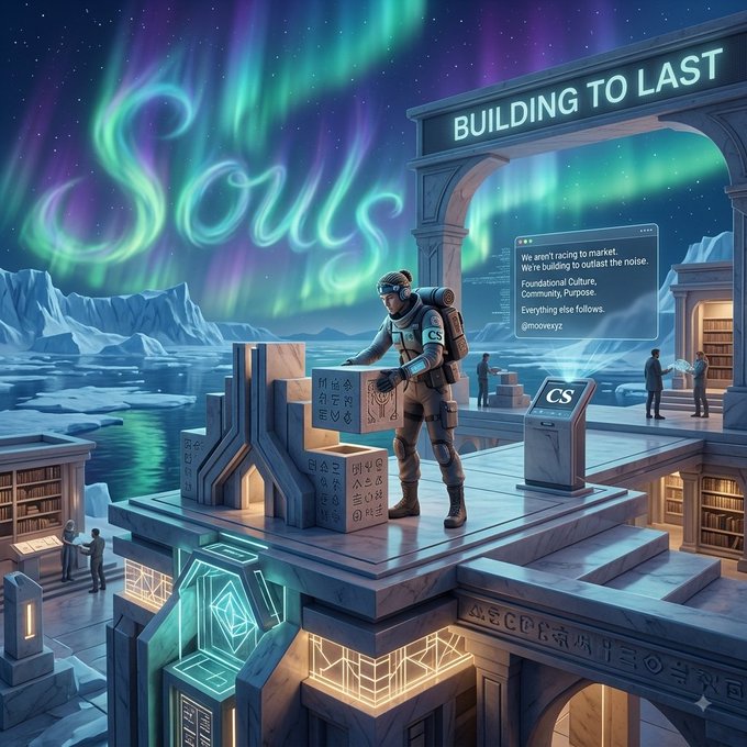 A digital artwork titled 'BUILDING TO LAST' depicts an astronaut constructing glowing blocks in an icy landscape beneath auroras, with the word 'Souls' written in the sky and a tweet overlay from @movexyz.