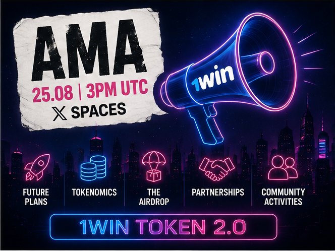 A neon-styled promotional graphic announces a 1WIN Token 2.0 AMA on X Spaces at 3PM UTC on 25.08, featuring a glowing pink and blue megaphone with the "1win" logo against a city skyline. Five topic icons highlight the discussion areas: Future Plans, Tokenomics, The Airdrop, Partnerships, and Community Activities—aligning with the post's curiosity about the token's roadmap, utility, upcoming partnerships, and community role.