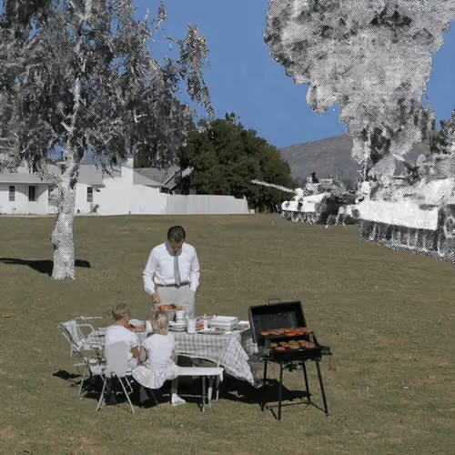 A surreal outdoor scene shows a man grilling and serving food to two women at a table, with all the surrounding trees, hills, and background structures appearing in inverted grayscale against a blue sky.