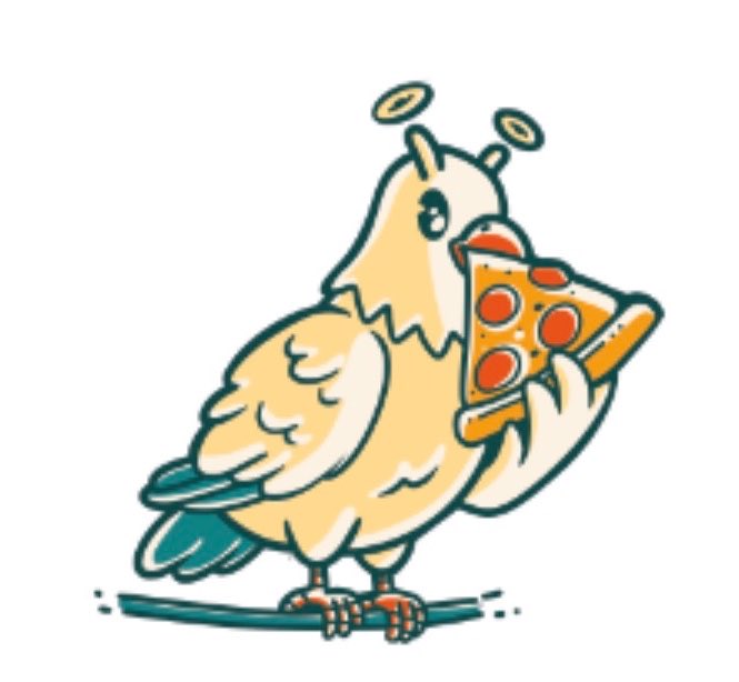 A cartoon illustration of a chubby beige bird with little halos over its head, standing on a branch and holding a slice of pepperoni pizza.