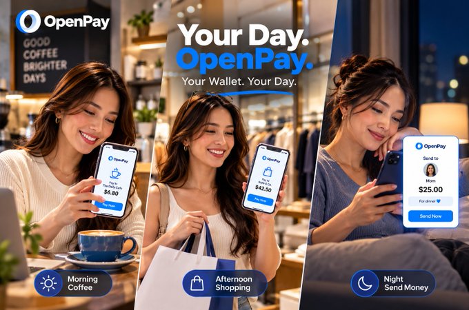 This promotional image for OpenPay showcases a three-panel layout featuring a woman using the digital wallet throughout her day: buying morning coffee for $6.80, shopping in the afternoon for $42.50, and sending $25.00 to "Mom" at night. The tagline "Your Day. OpenPay. Your Wallet. Your Day." appears prominently in the center, tying together the lifestyle scenarios that demonstrate OpenPay's versatility as an everyday payment solution powered by Pi Network.