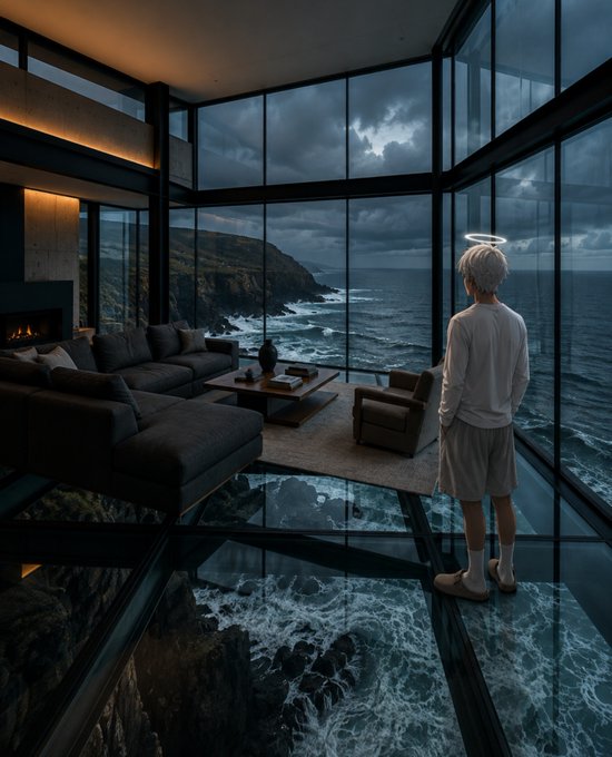 An atmospheric image showing a young person with a glowing halo standing on a transparent glass floor in a modern living room, gazing out at a stormy ocean and rocky coastline.