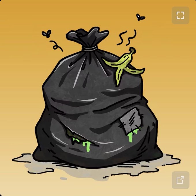 An illustration of a black garbage bag with a banana peel on top, flies buzzing around, and green slime leaking out, set against an orange background.