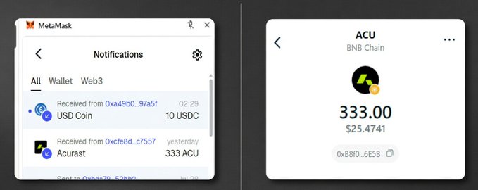 Two MetaMask screenshots showing a notification of receiving '10 USDC' and '333 ACU' tokens, with the ACU token on BNB Chain displaying a balance of 333.00 ($25.4741).