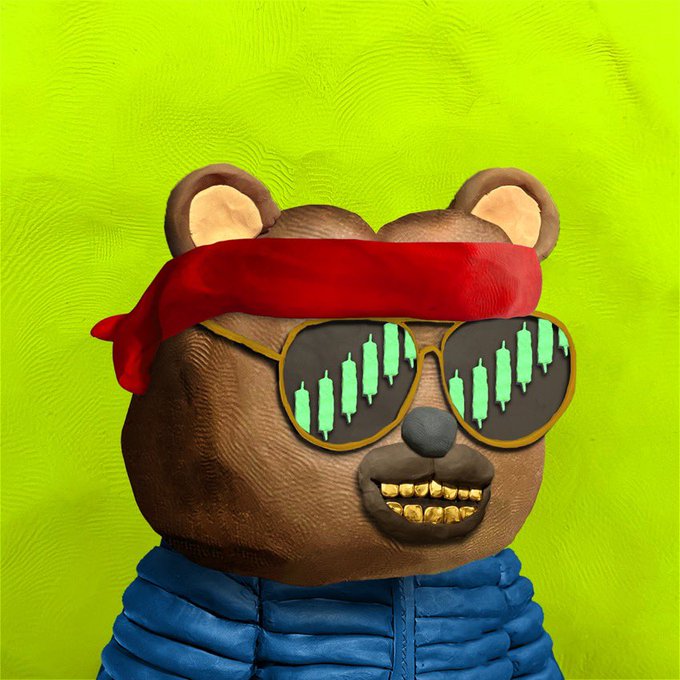 A cartoonish brown bear character wearing a red headband, gold aviator sunglasses reflecting green candlestick charts, and a blue puffer jacket, set against a vibrant green background — visually representing the "ClayStonKz" trading persona with its bullish chart-shaded lenses and crypto/stock-trading aesthetic.