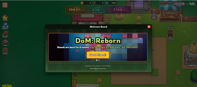 A mobile game screenshot showing a 'DoM: Reborn' welcome board event popup with prizes of 1,200 AXS and 2,300-2,500 AXS/$2,500 USDC, and a 'Go to Event' button.
