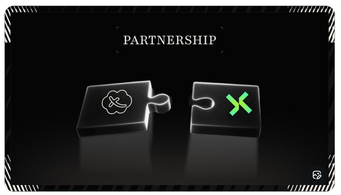 A dark themed graphic displays the word 'PARTNERSHIP' above two black puzzle pieces, one featuring a cloud icon with an X and the other a green X logo, suggesting a collaboration announcement.