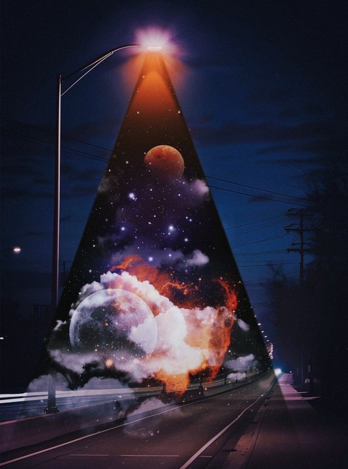 A surreal photo manipulation of a street lamp illuminating a triangular beam containing a cosmic scene with planets, stars, and clouds against a dark sky.