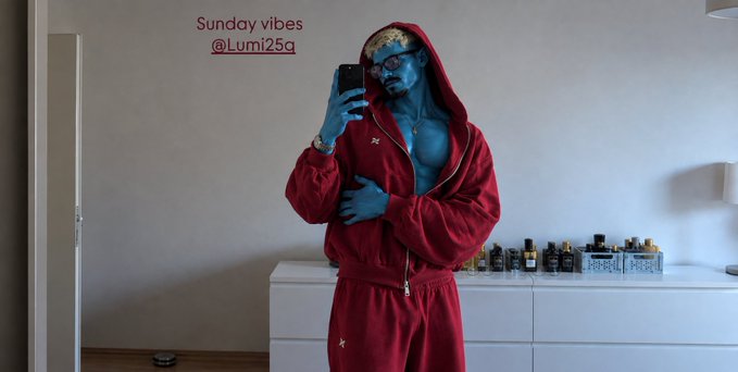 A person in a red tracksuit with their hood up poses in front of a mirror, having painted their face and neck blue, with text overlay reading "Sunday vibes @Lumi25a".