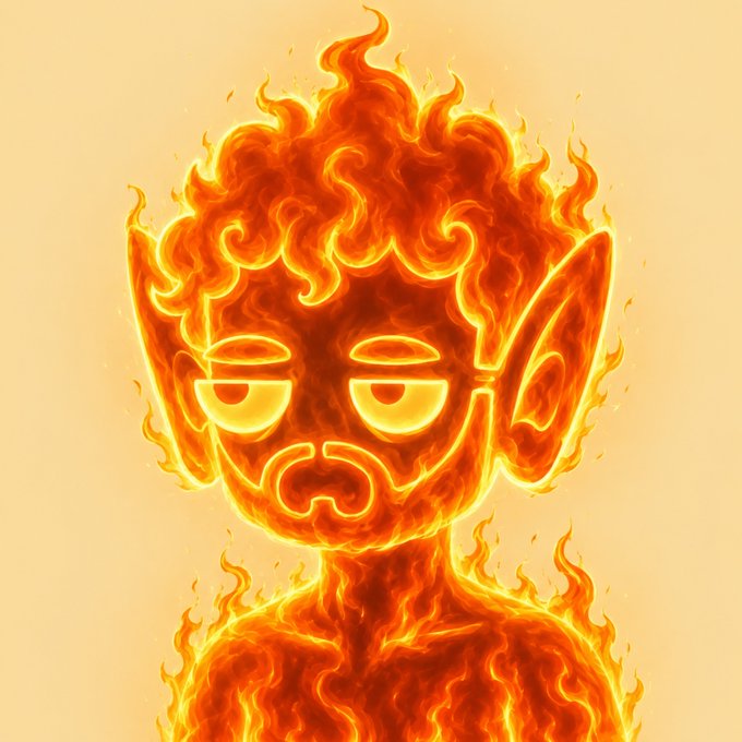 A stylized digital illustration of a character composed entirely of orange and yellow flames with a bored facial expression against a cream background.