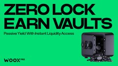 A green promotional graphic for WOO X highlighting "ZERO LOCK EARN VAULTS" with the tagline "Passive Yield With Instant Liquidity Access," featuring an image of a black safe, which visually reinforces the post's message about earning passive yield without locking up capital.