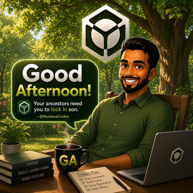 An illustrated motivational graphic features a smiling bearded man in a green shirt sitting at a wooden desk in a lush green forest setting, with a 'Good Afternoon!' speech bubble reading 'Your ancestors need you to lock in son. — @NucleusCodes', alongside a laptop, coffee mug labeled 'GA', books ('FOCUS', 'BUILD · LEARN · EARN', 'WEB3 FUTURE'), and a 'Today's Plan' checklist.