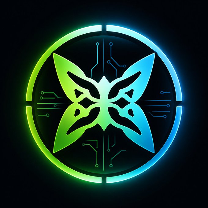 A glowing neon butterfly logo with green and blue gradient colors set within a circular tech-style frame featuring circuit board patterns.