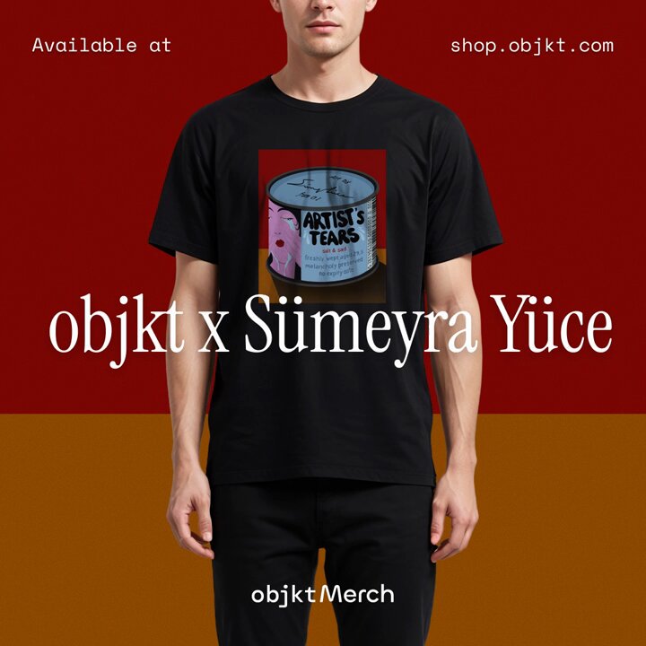 The image features a man wearing a black t-shirt with an artwork of a can of soup, which has been updated by the Shop.Objkt. They have added new artist collaborations from their World Art Day Open Call. The text on the image reads "objetx x sumyra yuce" and "shop.objkt.merch".
