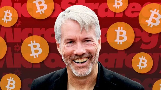The image shows a smiling man with gray hair and beard in a dark suit, overlaid with multiple orange Bitcoin (₿) symbols against a red "Strategy" branded background. The visual relates to the news by depicting Michael Saylor, Strategy's executive chairman, whose company announced a plan to sell up to approximately 790 billion yen worth of Bitcoin.