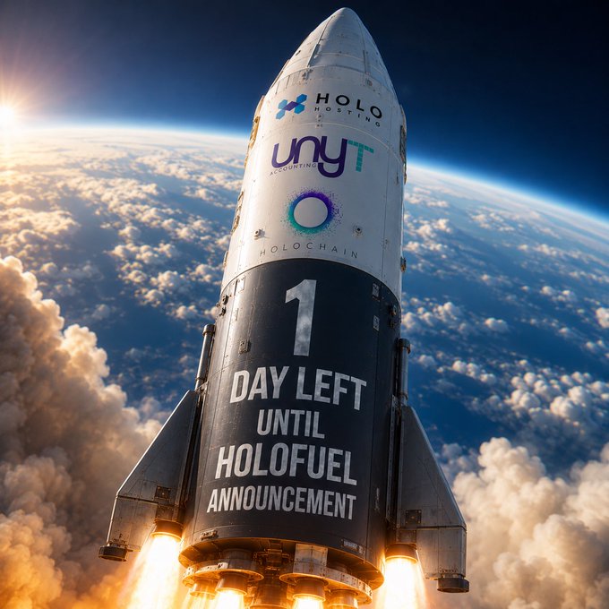 A promotional rocket image with 'HOLO LISTING', 'Unyt', and 'HOLOCHAIN' logos, displaying text reading '1 DAY LEFT UNTIL HOLOFUEL ANNOUNCEMENT' as it launches above the clouds.