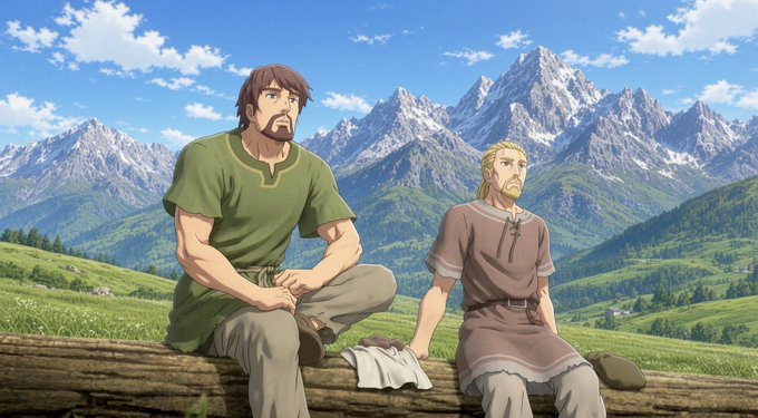 An animated scene showing two bearded men in medieval-style clothing sitting on a log in a grassy meadow, with snow-capped mountains visible in the background.