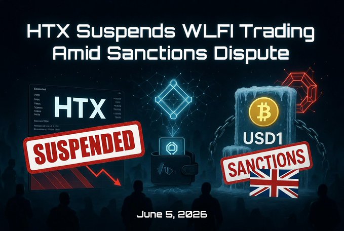 The image features a poster with various symbols, including a diamond, a Bitcoin symbol, and a British flag. The poster also includes text that reads "HTX Suspends WLFI Trading Amid Sanctions Dispute Biến anh @justinsuntron và #WLFI căng mấy hôm nay lại rồi, ai dè lại đẩy kịch tính lên rồi!!! Hôm ngày 5/6, sàn #HTX đã chính thức tạm dừng giao dịch các cặp liên quan đến". The poster is related to the post in that it contains information about a suspension of trading and a conflict between two countries.