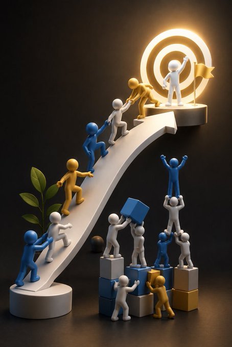 A 3D rendered illustration of colorful figures helping each other climb a white arrow toward a glowing target with a flag, while others build with blocks below.