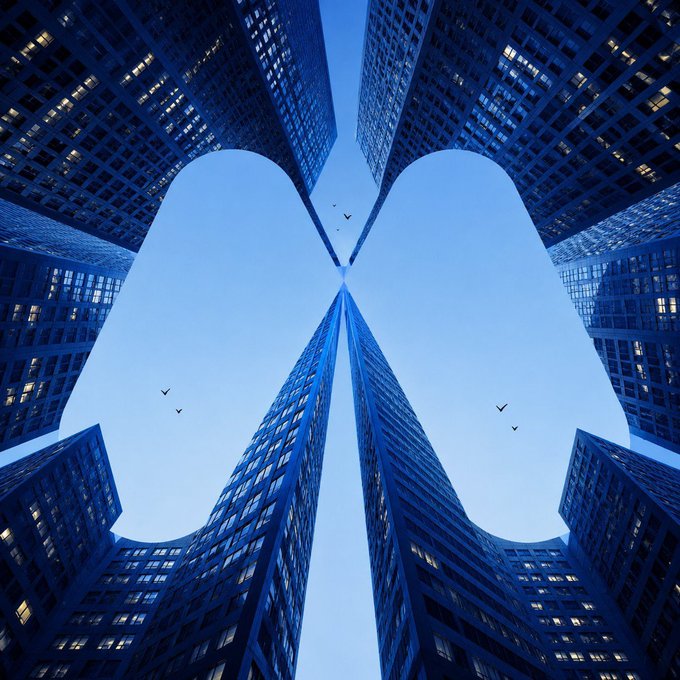 A kaleidoscopic upward view of towering skyscrapers forming a symmetrical pattern against a blue sky, with birds visible in the negative space between the buildings.