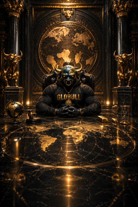 A dark, ornate fantasy illustration of a horned figure wearing a 'GLOBIULL' hoodie sitting at a marble desk with a world map design, surrounded by golden bull statues.