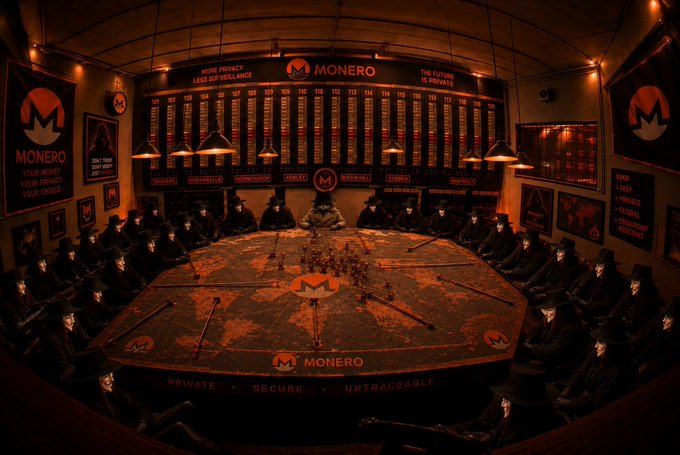 A dystopian, dark scene depicting a Monero cryptocurrency promotional image, showing figures in masks gathered around a large table marked 'PRIVATE • SECURE • UNTRACEABLE' beneath a digital exchange board.