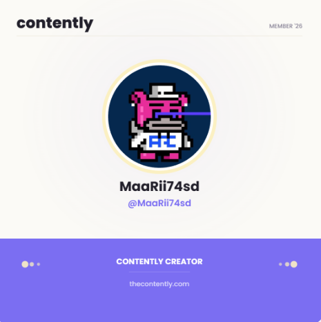A Contently creator profile page for user 'MaaRii74sd' (@MaaRii74sd), Member 218, featuring a pixel-art pink robot avatar on a white and purple gradient background.