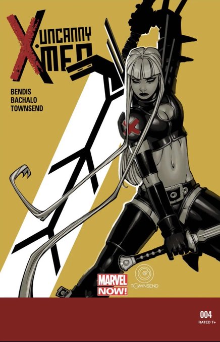 Cover of the comic book "Uncanny X-Men #4" by Bendis, Bachalo, and Townsend, featuring a character with long hair and a black outfit holding a katana, with a yellow background and Marvel NOW! logo.