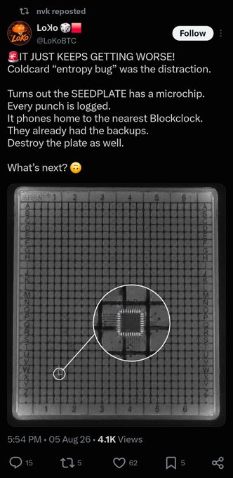 A reposted tweet from LoXo (@LoKoBTC) with a Soviet flag emoji, stating 'IT JUST KEEPS GETTING WORSE! Coldcard "entropy bug" was the distraction. Turns out the SEEDPLATE has a microchip. Every punch is logged. It phones home to the nearest Blockclock. They already had the backups. Destroy the plate as well. What's next?' alongside an X-ray image of a microchip on a seedplate.