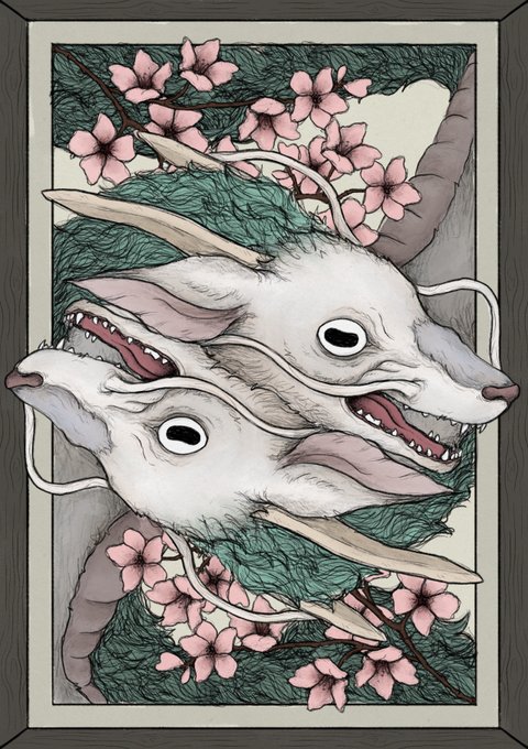 An artistic illustration of two mirrored white animal-like creatures with horns set against a background of pink cherry blossoms and green foliage.