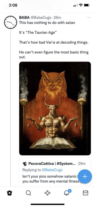 A Twitter screenshot shows user @BabaCugs responding to @PecoraCattiva by claiming an image isn't Satanic but refers to "The Taurian Age," featuring artwork of a horned figure beneath an owl holding an open book. The thread relates to an XRP community debate about symbolism in Baba Vanga-related artwork, with @BabaCugs defending the imagery as Taurian Age references rather than satanic content.