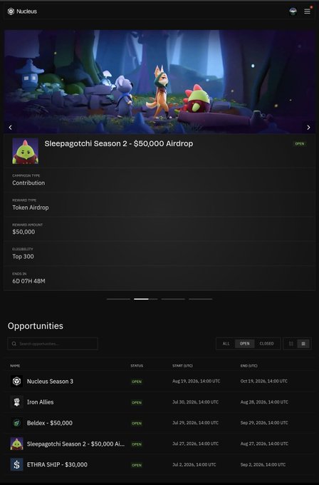 The image displays a Nucleus platform page featuring "Sleepagotchi Season 2 - $50,000 Airdrop" with details including a Top 300 eligibility tier and a 6D 07H 48M countdown, along with other open opportunities like Nucleus Season 3, Iron Allies, Beldex, and ETHERA SHIP. The post highlights Sleepagotchi as more than a simple rewards app, connecting visually to the platform's airdrop opportunities shown in the list below the main feature.