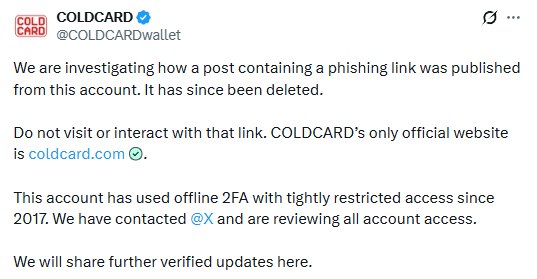 A tweet from COLDCARD (@COLDCARDwallet) investigating how a phishing link was published from their account, warning users not to interact with the link.