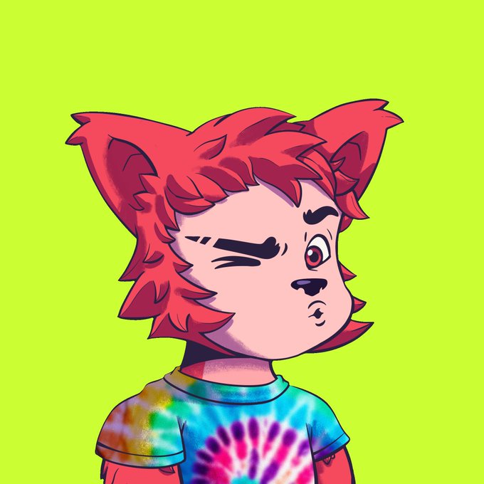 A cartoon red wolf character with a winking expression and tie-dye shirt is featured as the mascot for the "WolfSmith" NFT collection, which is offering a free mint of 350 tokens tomorrow at 1PM UTC via OpenSea. The playful, colorful illustration reflects the fun, vibrant spirit of the limited-edition drop being promoted.