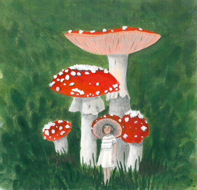 A whimsical watercolor painting depicts a small girl in a white dress standing among towering red and white fly agaric mushrooms set against a lush green background. The artwork directly illustrates the "Mushroom Girl" NFT featured in the post, visually capturing the fairytale-like scene that the collectible portrays on Manifold.