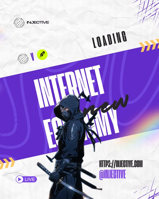 A hooded ninja figure holding katanas stands against a purple banner reading "INTERNET NEW ECONOMY" with "LOADING" text above and "INJECTIVE" branding throughout, including the URLs "HTTPS://INJECTIVE.COM" and "@INJECTIVE." The cyberpunk aesthetic and "LOADING" status visually reinforce the post's suggestion of Robinhood Chain assets being primed to flood into Injective's DeFi ecosystem.