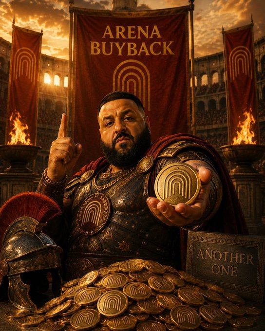 A gladiator-themed "ARENA BUYBACK" visual reinforces the post's announcement that the Arena Foundation has repurchased over 62 million $ARENA tokens from the open market, with the "ANOTHER ONE" sign and overflowing coins emphasizing the message that further buybacks are still to come.