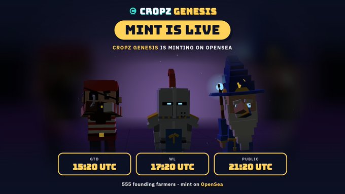 Promotional graphic for "CROPZ GENESIS" NFT minting event, displaying "MINT IS LIVE" on OpenSea with voxel-style characters and sale times: GTO 15:20 UTC, WL 17:20 UTC, and PUBLIC 21:20 UTC for 555 founding farmers.