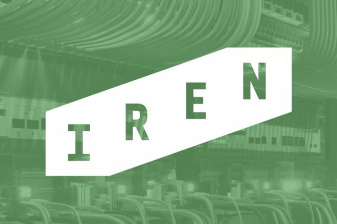 The image features the IREN logo prominently displayed over a green-tinted background showing industrial equipment and pipes, visually reinforcing the post about IREN CEO Dan Roberts discussing the company's water-efficient, closed-loop direct-to-chip liquid cooling system for AI data centers.
