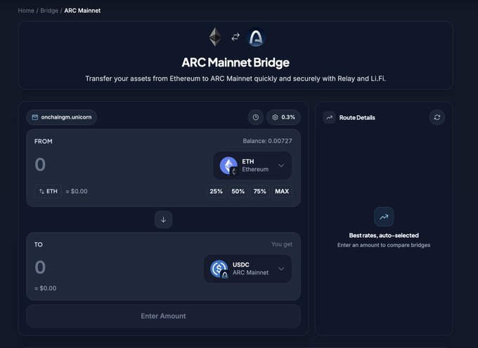 A screenshot of the ARC Mainnet Bridge interface, showing options to transfer assets from Ethereum (ETH) to ARC Mainnet (USDC) using Relay and LI.FI, with a route details panel on the right.