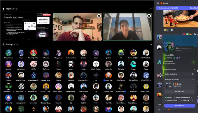 A Discord server interface showing a StarTola App News stream with two speakers on camera, a large grid of member avatars, and a chat panel on the right.