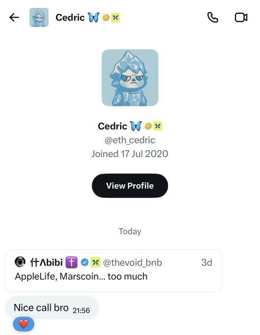A Twitter DM screenshot shows a user named Cedric (@eth_cedric) receiving a forwarded message from 仆Albibi (@thevoid_bnb) listing "AppleLife, Marscoin... too much," followed by Cedric's reply "Nice call bro" at 21:56. The image serves as proof supporting the post's claim that Cedric successfully predicted the success of AppleLife and Marscoin, now vouching for #VenusCoin.